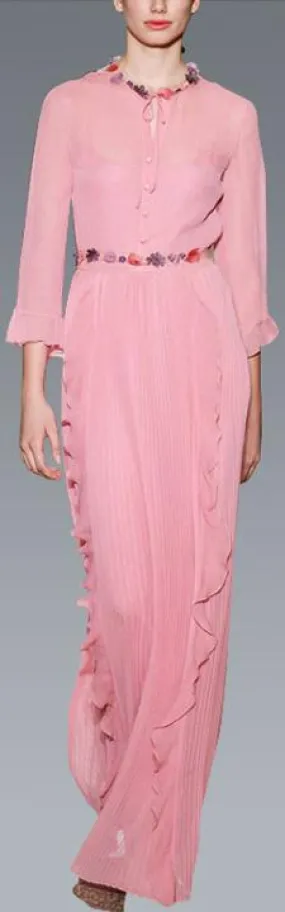 Embroidered Pleated Chiffon Ruffle Gown