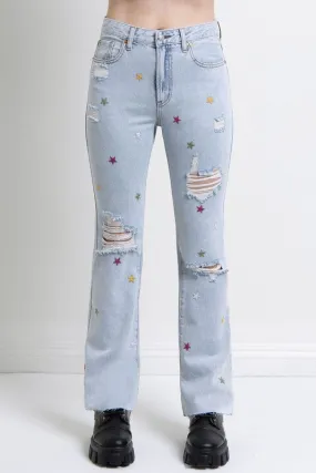 Embroidered Stars Distressed Jeans