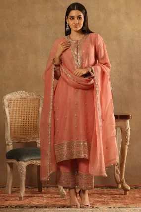Embroidered Strawberry Ice Pink Katan Silk Kurta Set