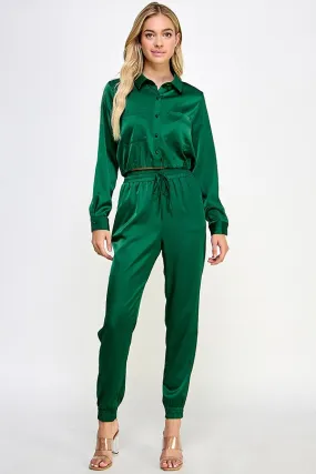 Emerald Green Long Sleeve Shirt Top With Jogger Pants Set