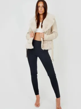 Estella Faux Fur Belted PU Jacket In Stone