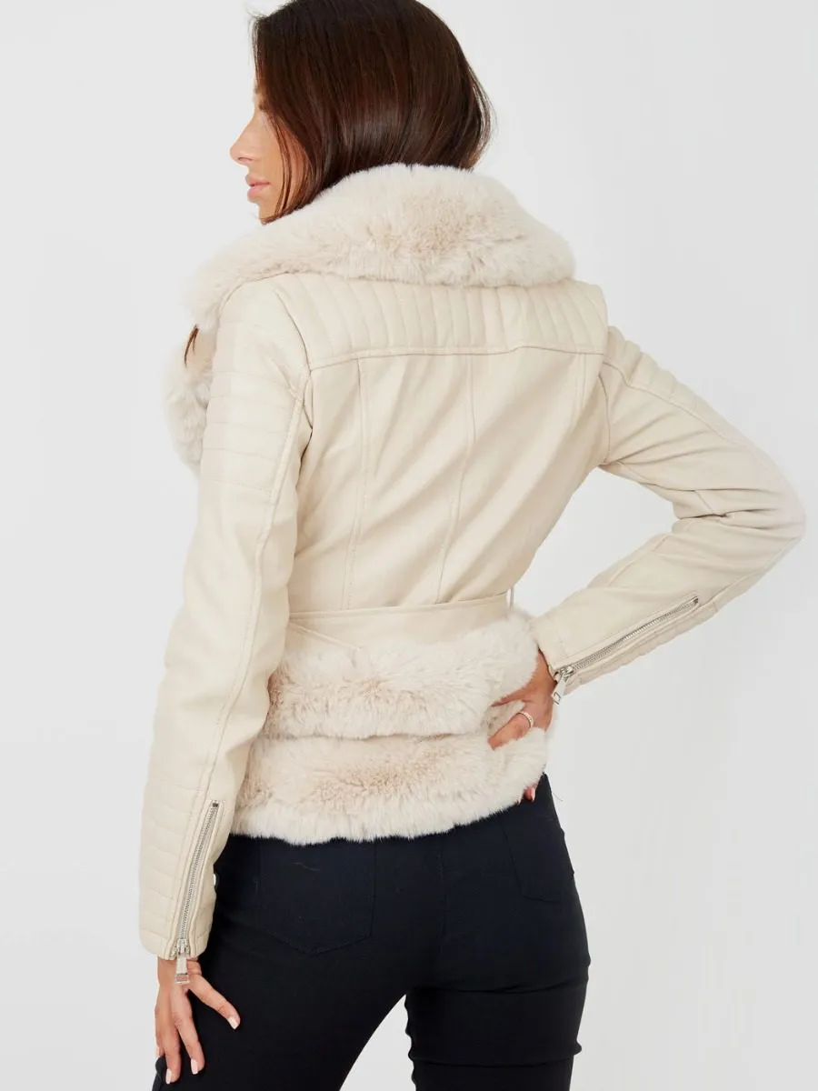 Estella Faux Fur Belted PU Jacket In Stone