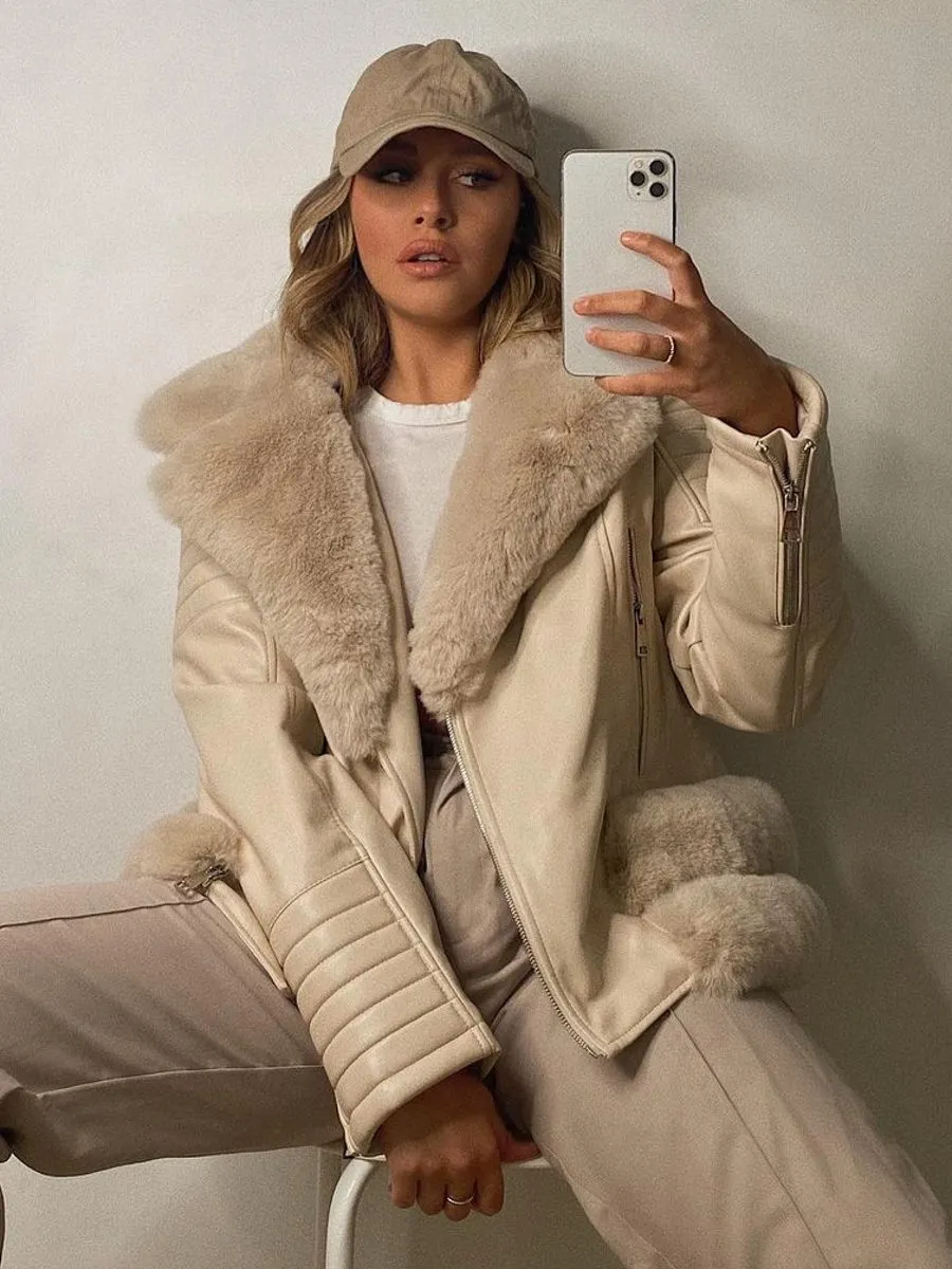Estella Faux Fur Belted PU Jacket In Stone