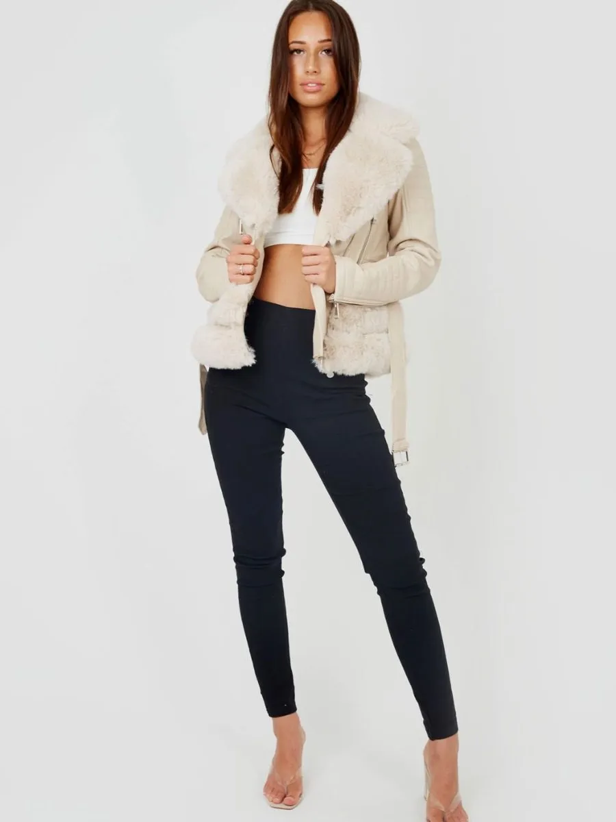 Estella Faux Fur Belted PU Jacket In Stone