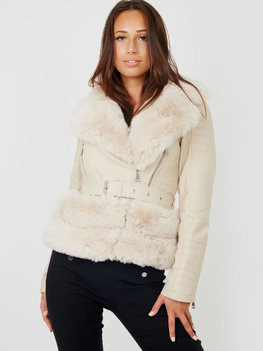 Estella Faux Fur Belted PU Jacket In Stone