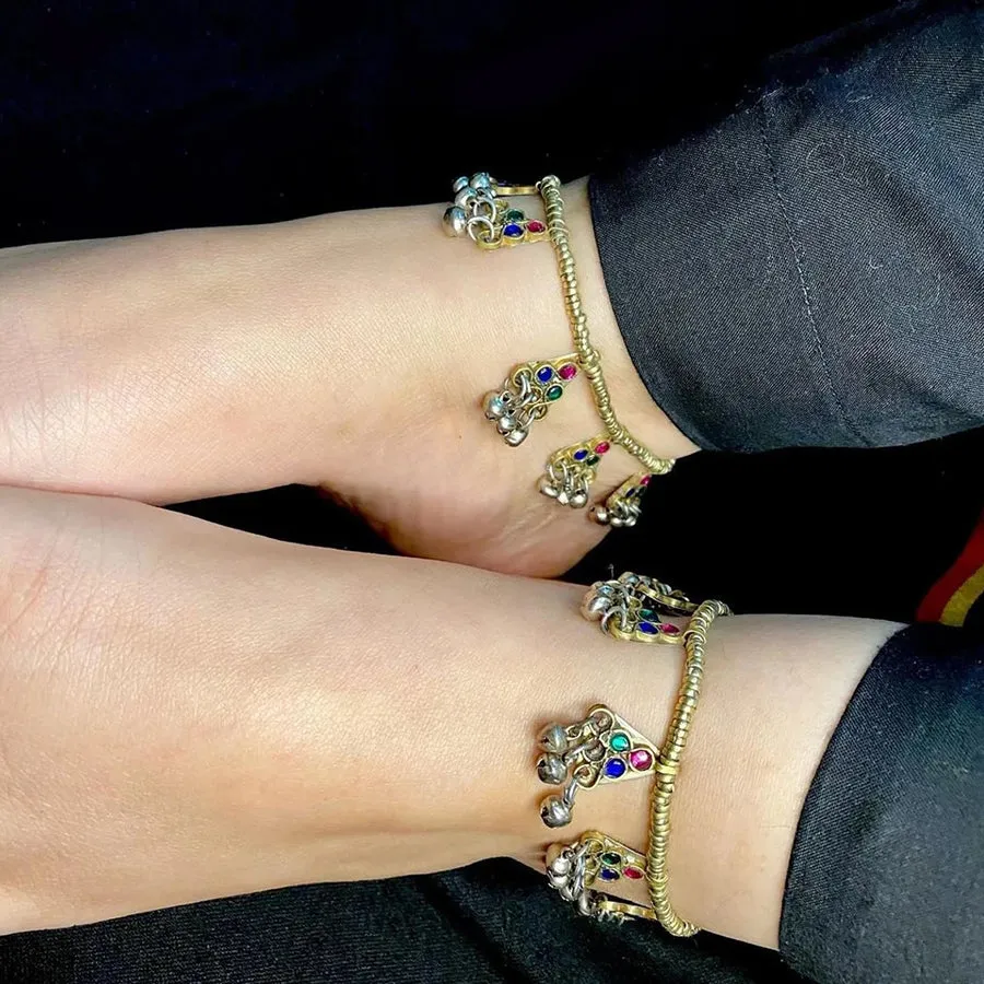 Ethnic Multicolor Pair Glass Stone Bells Anklets