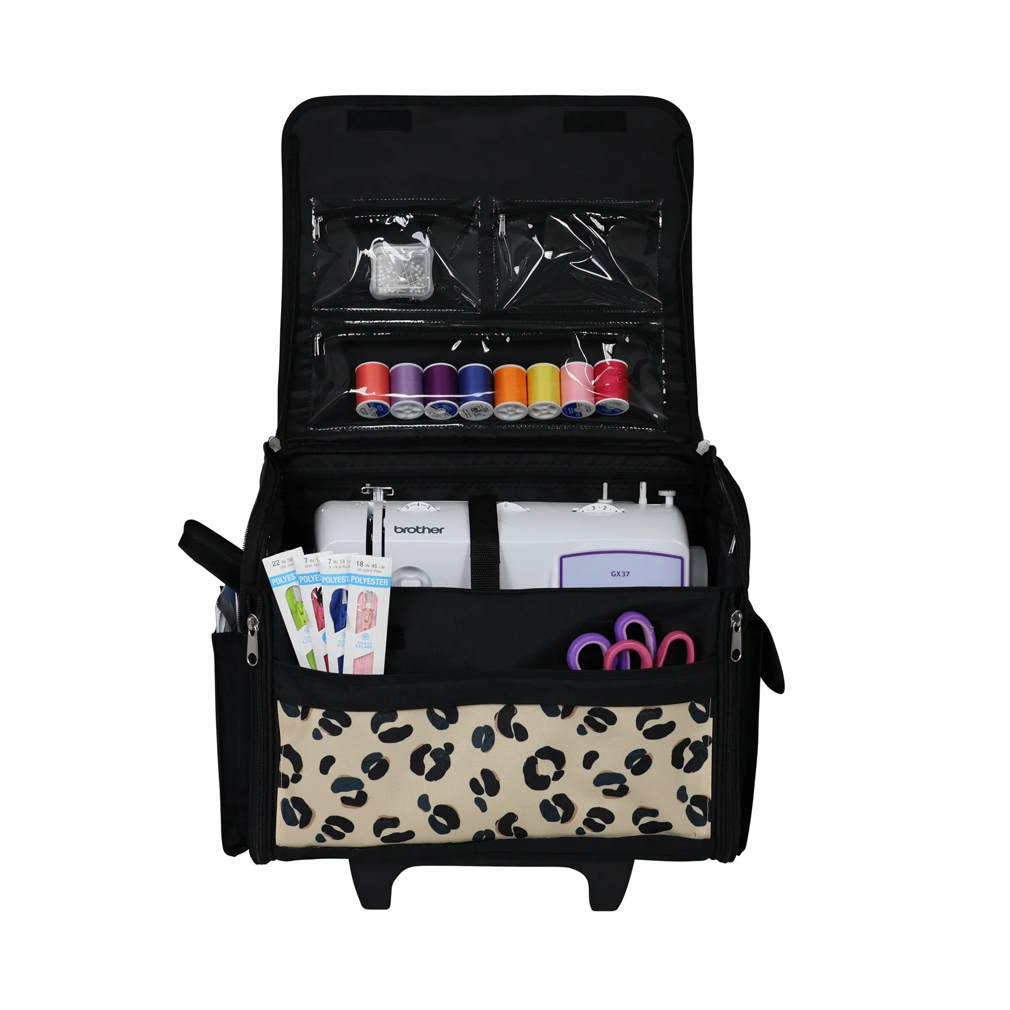 Everything Mary Collapsible Rolling Sewing Machine Tote - Premium Polyester Construction - Universal Fit - Portable with Dual Wheels and Telescoping Handle - Simple Cheetah