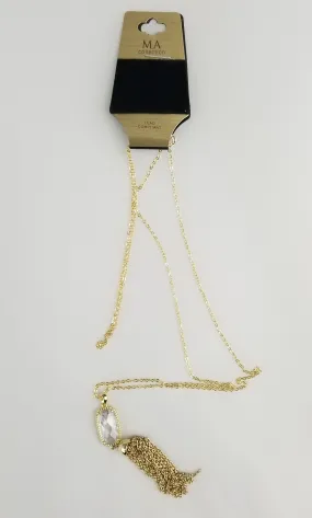 Faceted faux-diamond necklace with golden rope trim and linked chain tassel