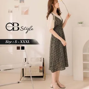 FAKE TWO PIECE PRINTED SHORT SLEEVE MAXI DRESS
