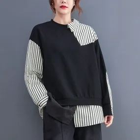 False 2 Pieces Women Casual Sweatshirts New Autumn Korean Style Patchwork Striped Loose Ladies Long Sleeve Pullovers