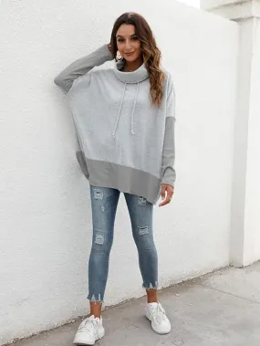 Famulily Cowl Neck Womens Color Block Long Sleeve Hoodies Oversized Sweatshirt Pullover Top With Drawstring S-XL