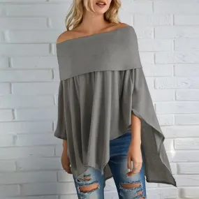 Fashion casual off-shoulder asymmetrical hem cropped curved hem gathered tights plain bat sleeve T-shirt