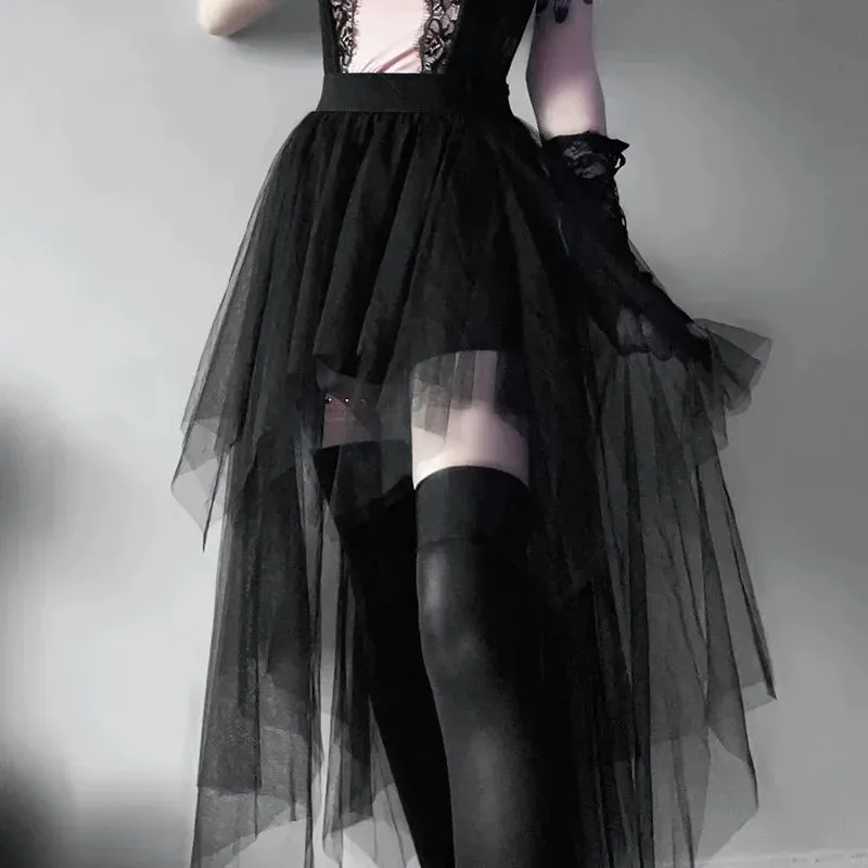 Fashion Net Yarn High-Waisted Irregular for Women Gothic Style Summer Casual Skirt