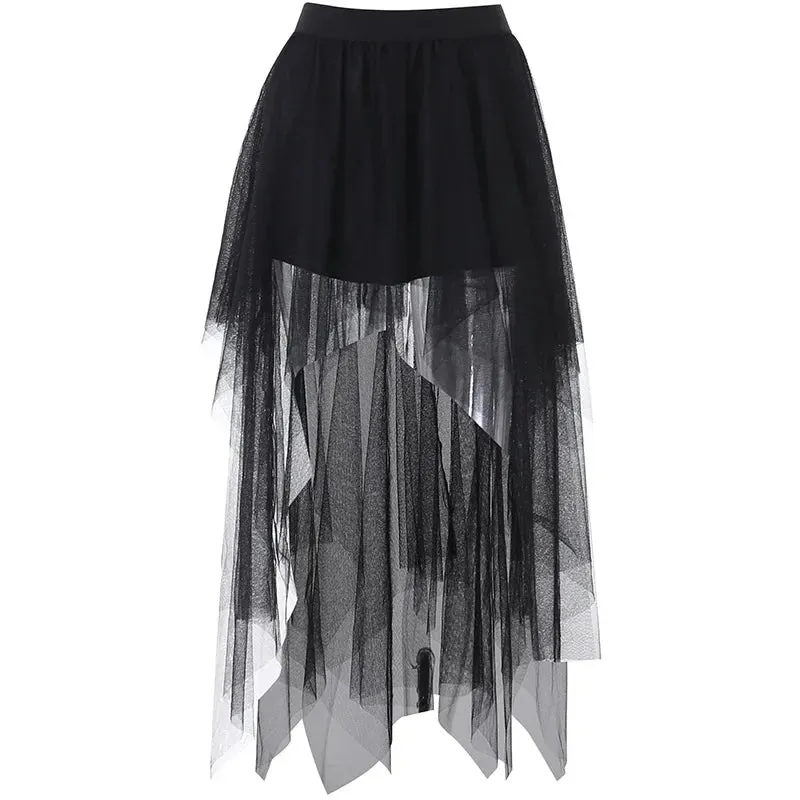 Fashion Net Yarn High-Waisted Irregular for Women Gothic Style Summer Casual Skirt
