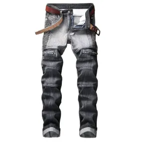 Fashion Slim Motorcycle Jeans Waist Men's Jeans Straight Urban Pants