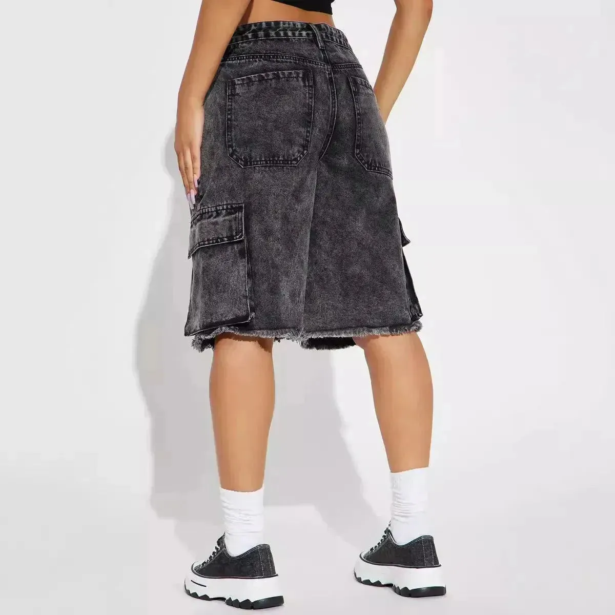 Fashion Street Washed Frayed Hem Women's Denim Straight Short Pants Black Jeans shorts for women