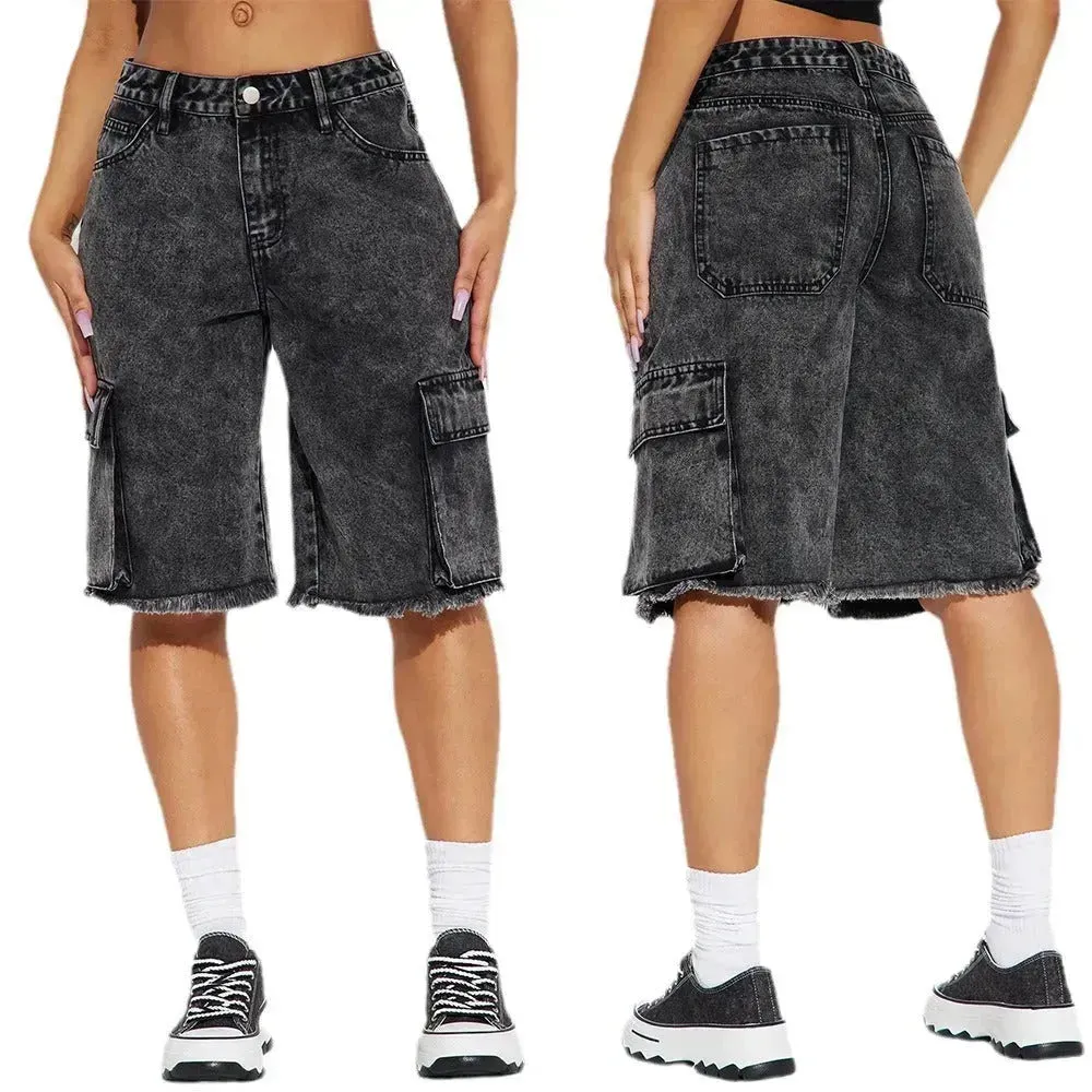 Fashion Street Washed Frayed Hem Women's Denim Straight Short Pants Black Jeans shorts for women