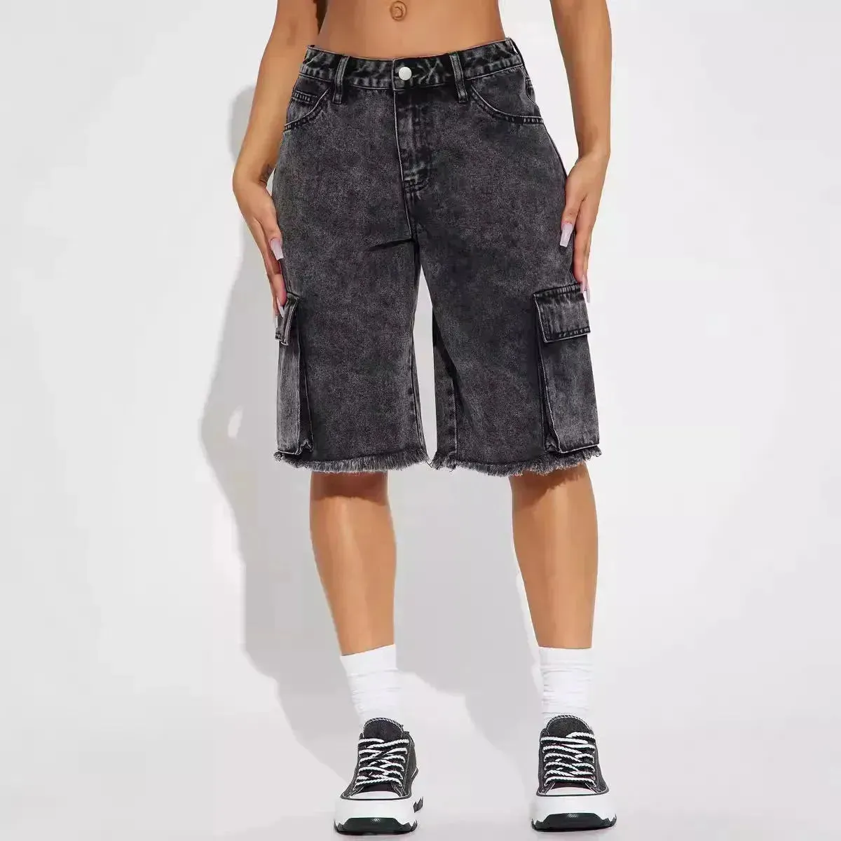 Fashion Street Washed Frayed Hem Women's Denim Straight Short Pants Black Jeans shorts for women