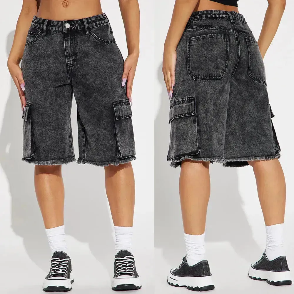 Fashion Street Washed Frayed Hem Women's Denim Straight Short Pants Black Jeans shorts for women