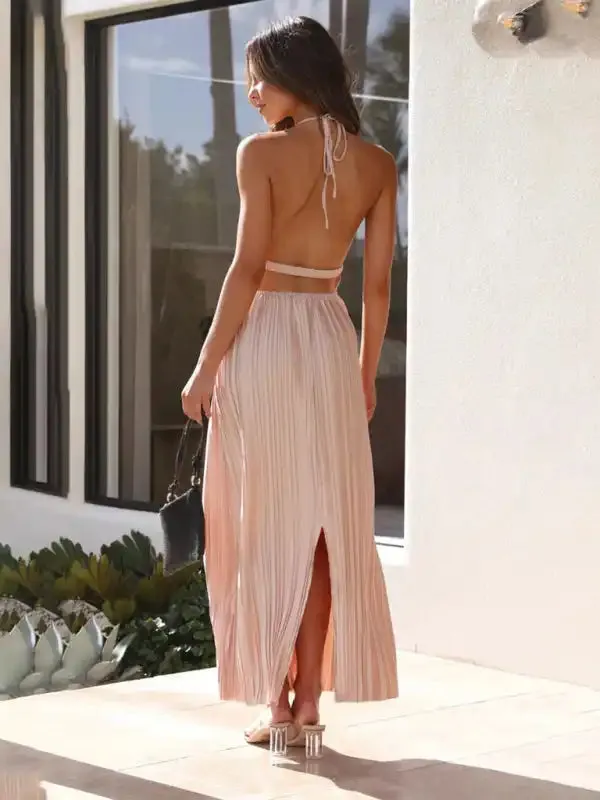 Fashionable Fresh Off-Shoulder Halterneck Strappy Personalized Backless Long Dress