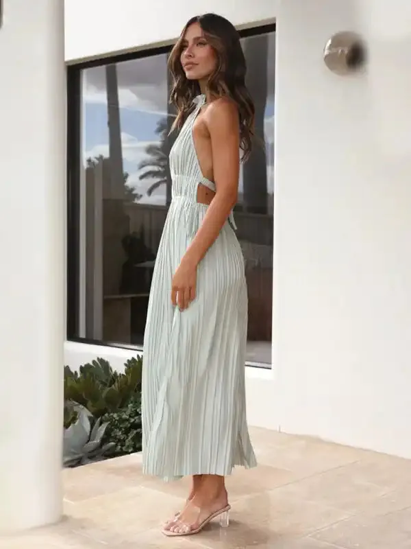 Fashionable Fresh Off-Shoulder Halterneck Strappy Personalized Backless Long Dress