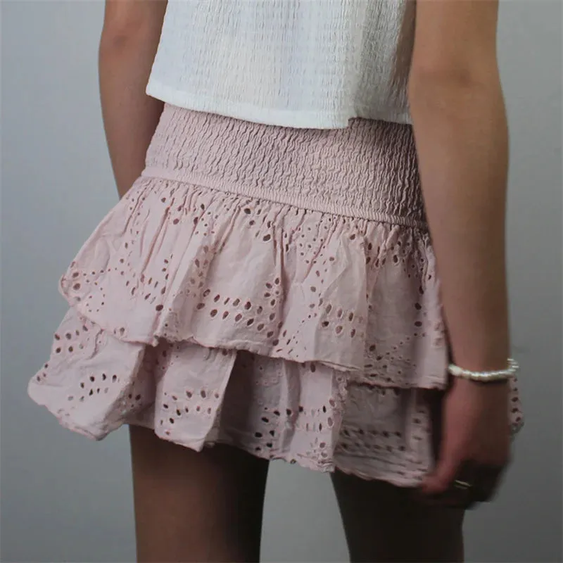 Fashionkova Kawaii Eyelet Ruffles Pleated Mini Skirts Women's Fairycore Grunge Hollow High Waist Layered A-line Mini Skirts Vacation Clothes