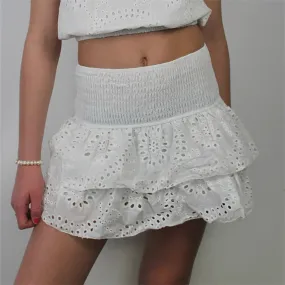 Fashionkova Kawaii Eyelet Ruffles Pleated Mini Skirts Women's Fairycore Grunge Hollow High Waist Layered A-line Mini Skirts Vacation Clothes