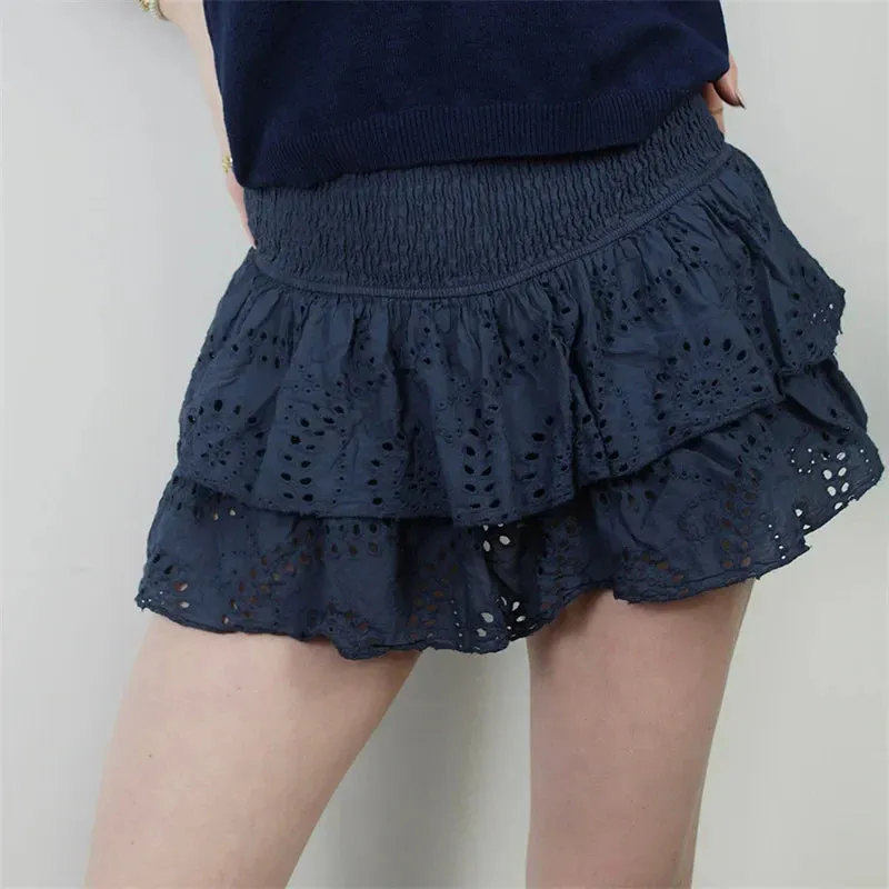 Fashionkova Kawaii Eyelet Ruffles Pleated Mini Skirts Women's Fairycore Grunge Hollow High Waist Layered A-line Mini Skirts Vacation Clothes