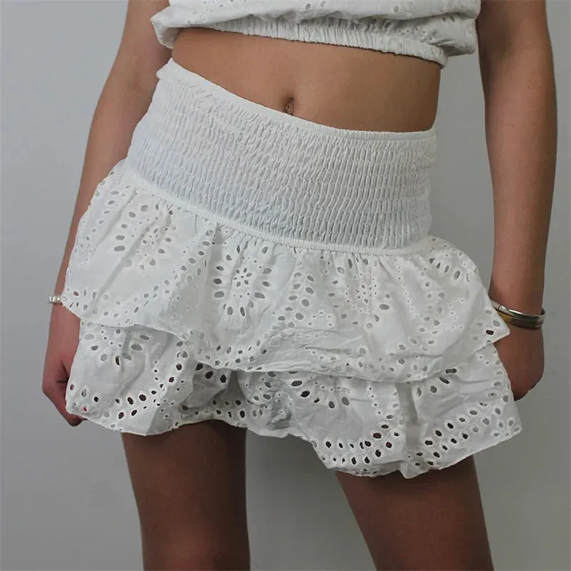 Fashionkova Kawaii Eyelet Ruffles Pleated Mini Skirts Women's Fairycore Grunge Hollow High Waist Layered A-line Mini Skirts Vacation Clothes