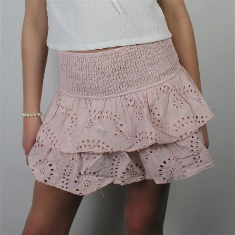 Fashionkova Kawaii Eyelet Ruffles Pleated Mini Skirts Women's Fairycore Grunge Hollow High Waist Layered A-line Mini Skirts Vacation Clothes