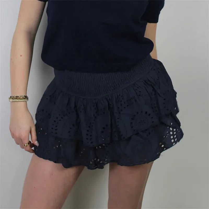 Fashionkova Kawaii Eyelet Ruffles Pleated Mini Skirts Women's Fairycore Grunge Hollow High Waist Layered A-line Mini Skirts Vacation Clothes