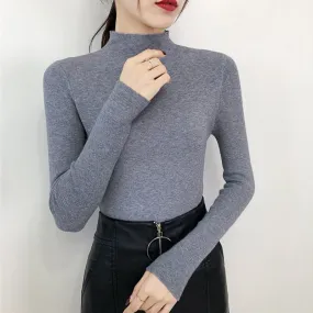 Fashionkova  Women Solid Half Turtleneck Knitted Pullovers Sweaters Causal Autumn Winter Primer Shirt Long Sleeve Slim-Fit Tight Jumper Tops