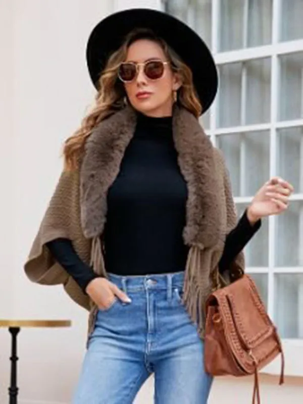 Faux-fur Elegance: Knit Poncho Capelet with Fringe