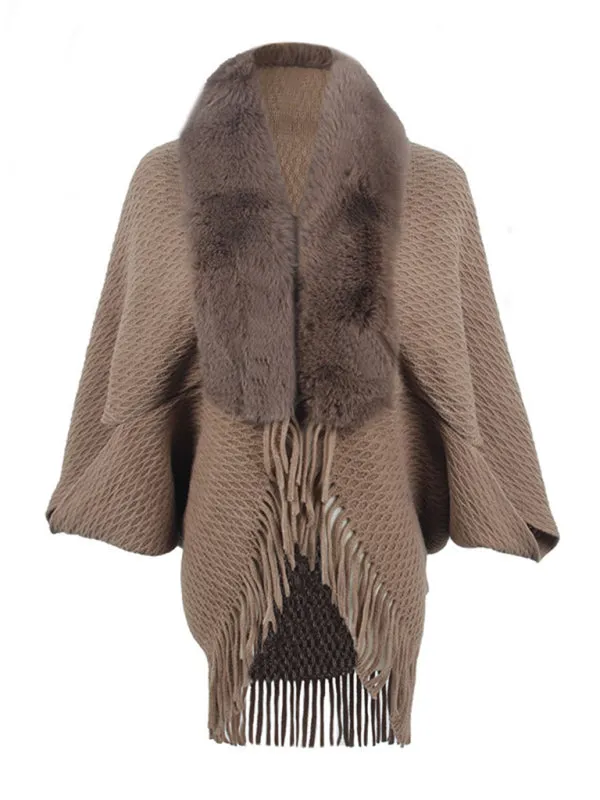 Faux-fur Elegance: Knit Poncho Capelet with Fringe