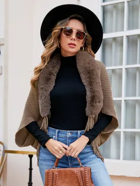 Faux-fur Elegance: Knit Poncho Capelet with Fringe