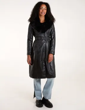 Faux Fur PU Longline Coat