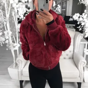 Faux Fur Zip-Up Jacket with Hood
