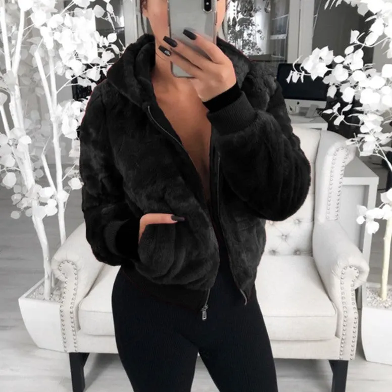 Faux Fur Zip-Up Jacket with Hood