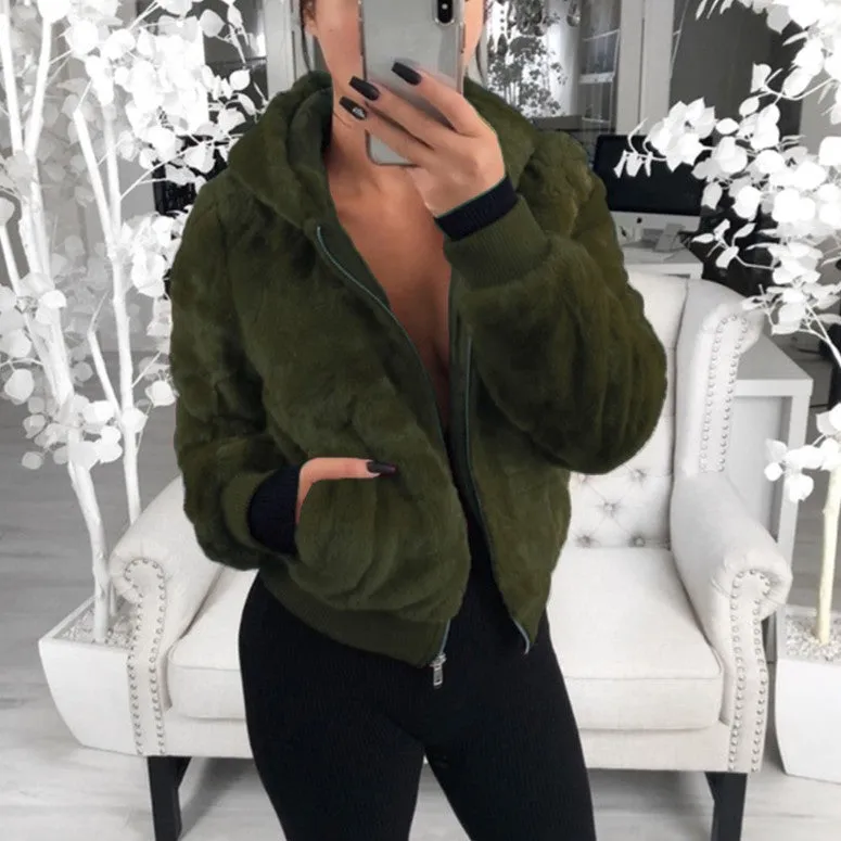 Faux Fur Zip-Up Jacket with Hood