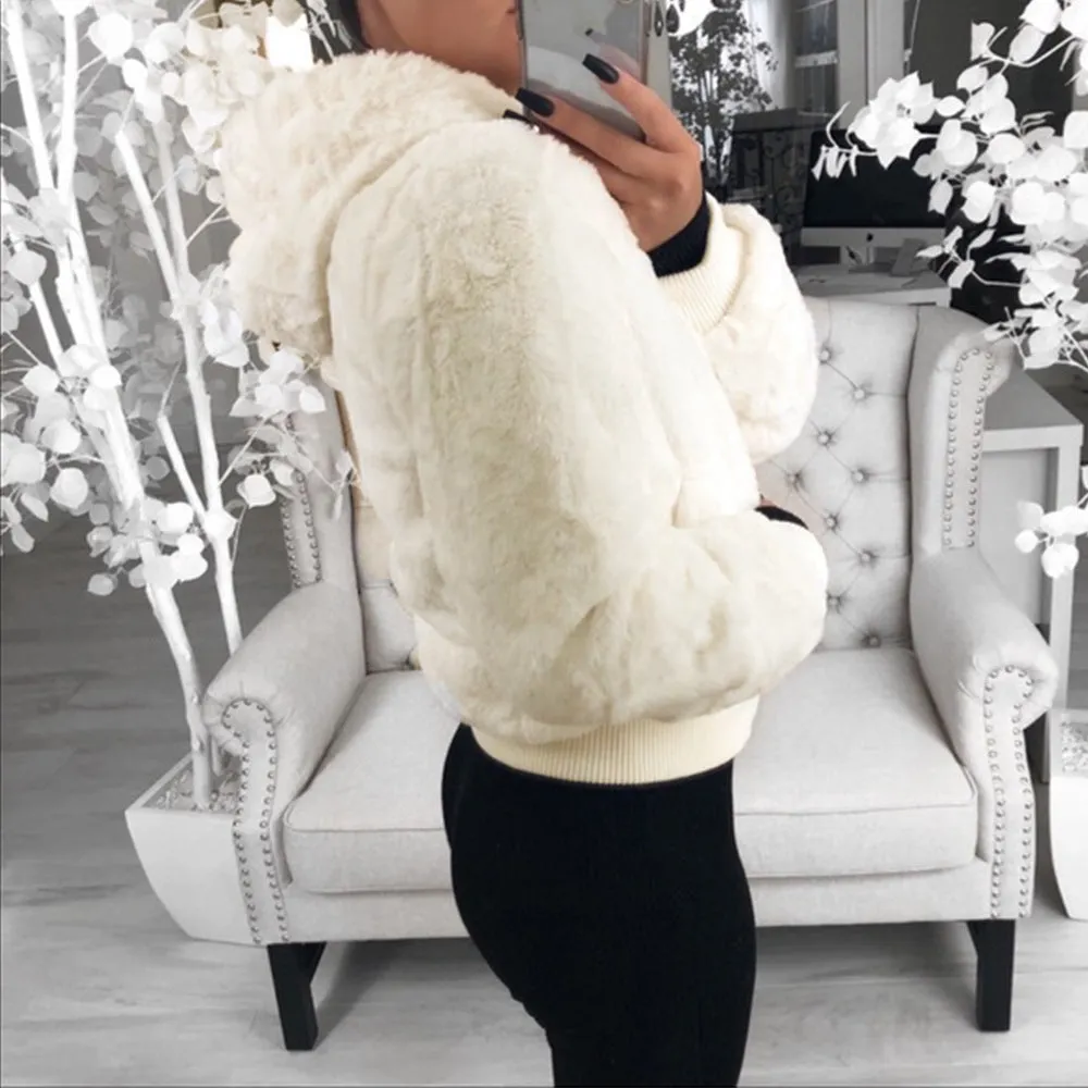 Faux Fur Zip-Up Jacket with Hood