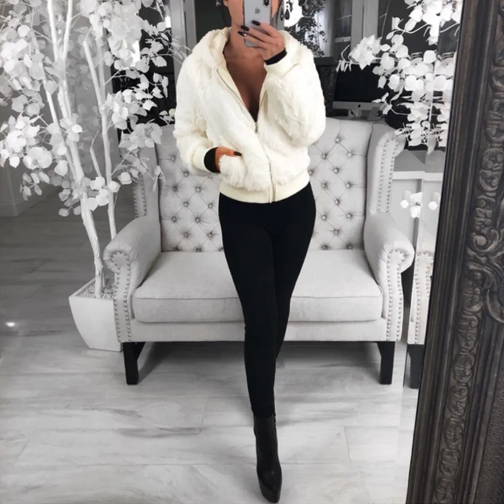Faux Fur Zip-Up Jacket with Hood
