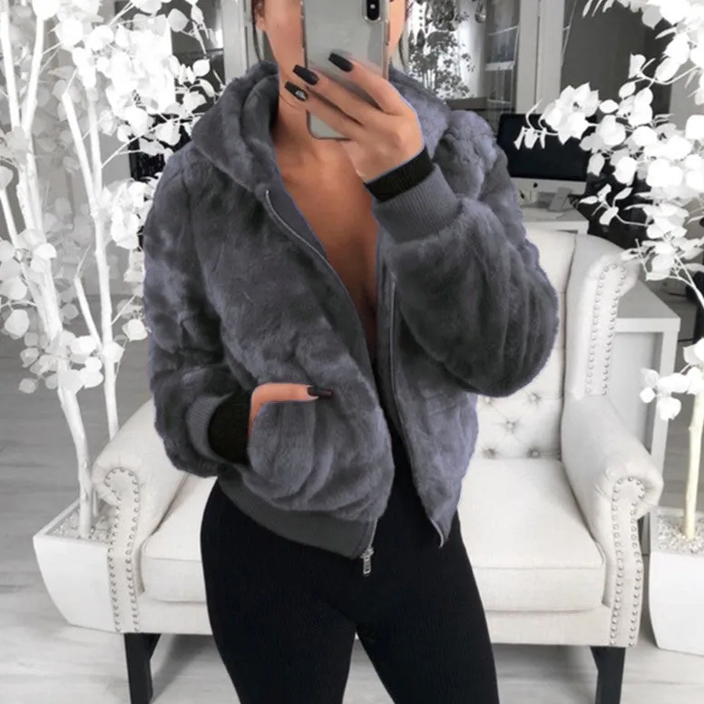 Faux Fur Zip-Up Jacket with Hood