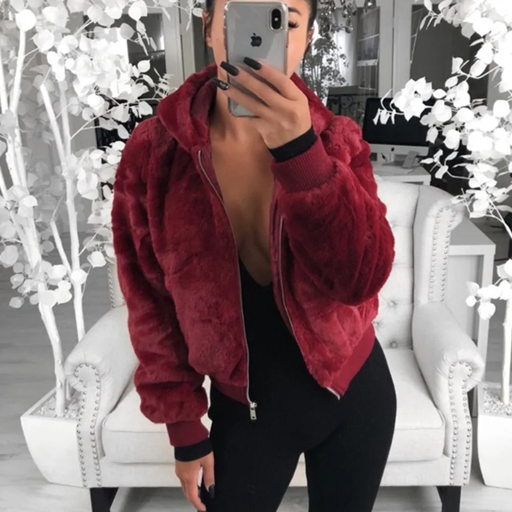 Faux Fur Zip-Up Jacket with Hood