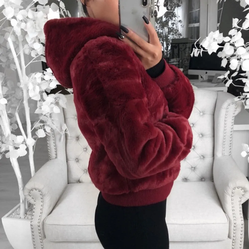 Faux Fur Zip-Up Jacket with Hood