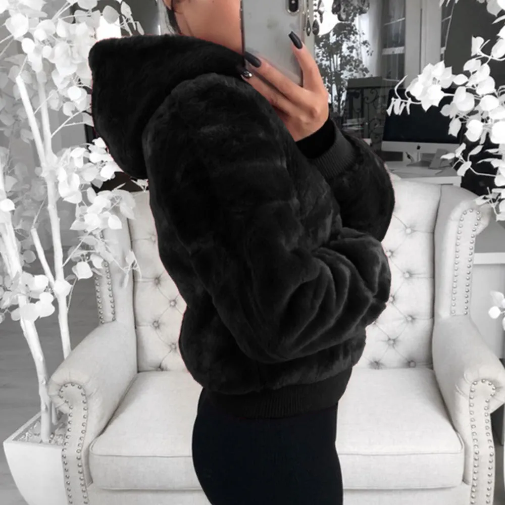 Faux Fur Zip-Up Jacket with Hood