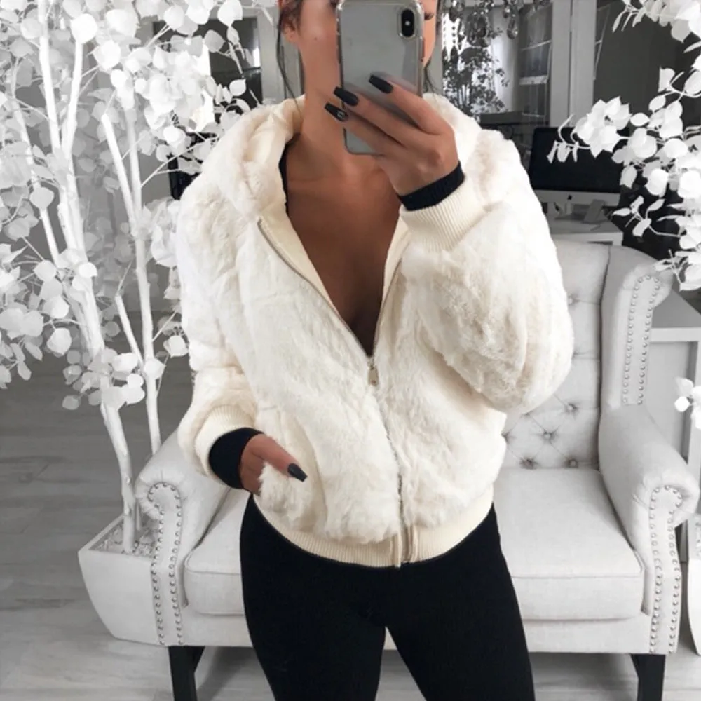 Faux Fur Zip-Up Jacket with Hood