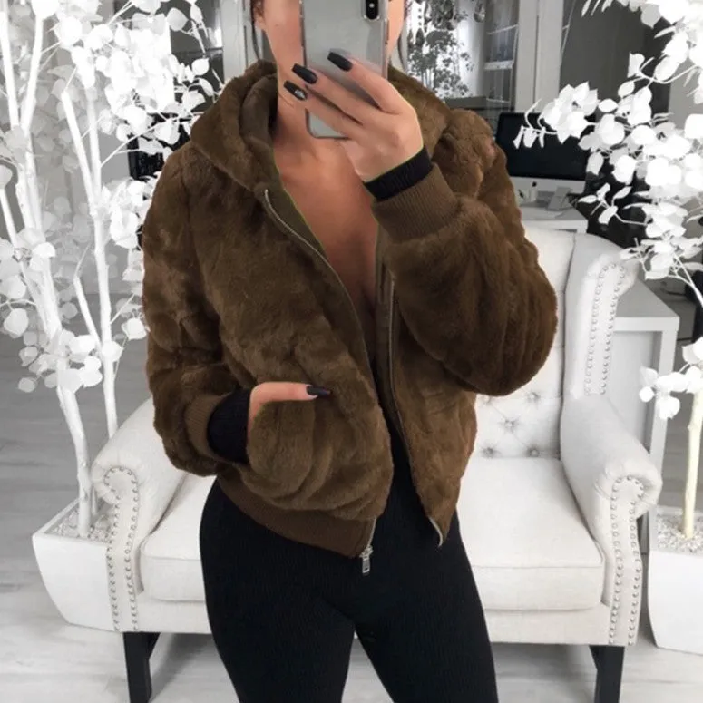 Faux Fur Zip-Up Jacket with Hood