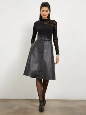 Faux-Leather Belted Flare Skirt