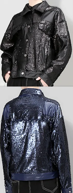 Faux-Leather Sequin Jacket, Black or Blue