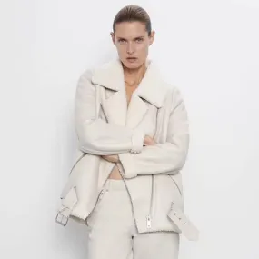 Faux Leather Women's Aviator Belted Jacket Beige/Black